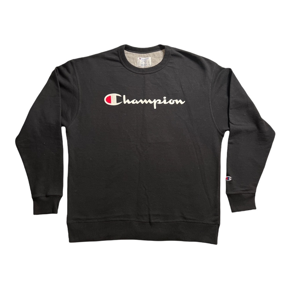 Champion Powerblend Fleece Logo Sweatshirt Mens Size Xl Black Spell Out